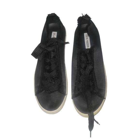 Steve Madden Black Satin Sneakers With Frayed Edges Womens‎ Size 8 - Picture 1 of 6